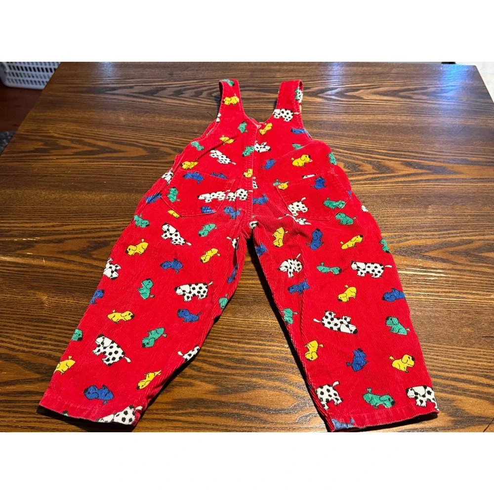 Vintage 90s Carters Red Corduroy Dog Print Overalls Kids 2T Dalmatian Bibs